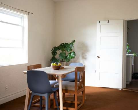 a room with a table, chairs and a potted plant