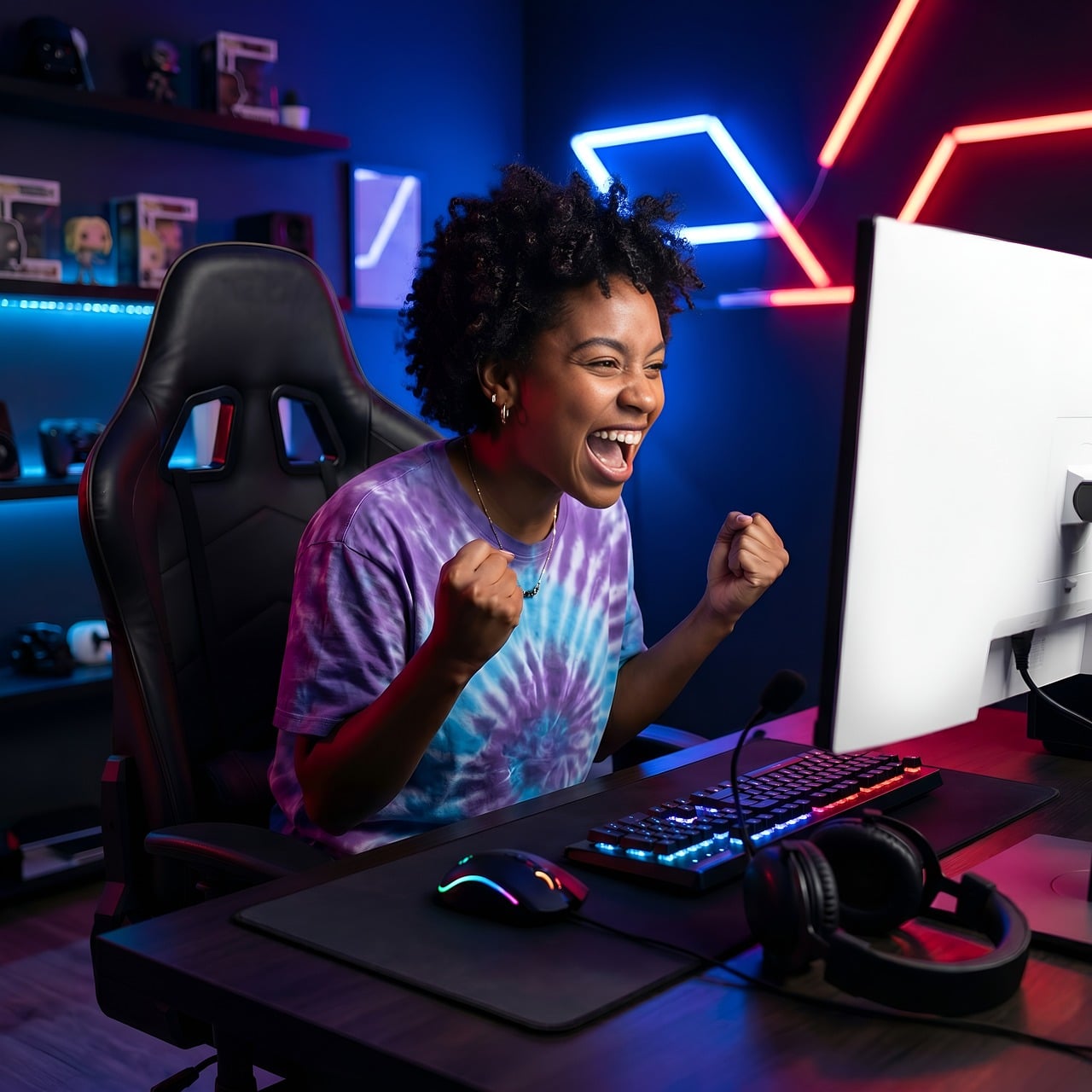 Rijen high-end gaming computers in een modern gaming café met sfeervolle verlichting